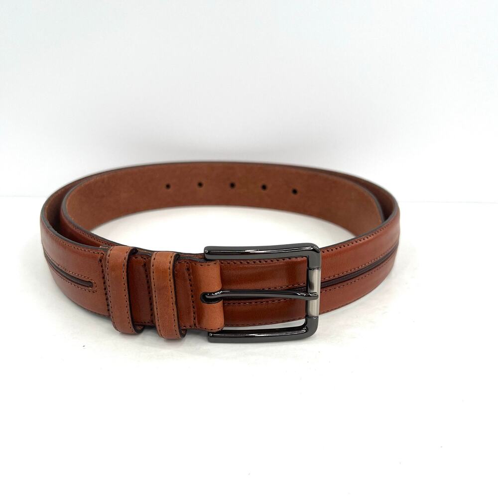 Mezlan men’s leather pewter square buckle cognac belt